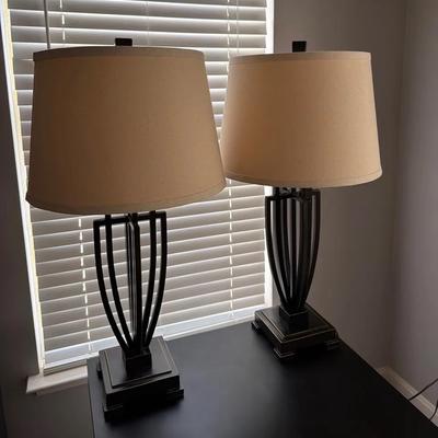Pair Of Modern Metal Lamps With Large Shades