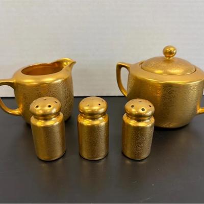 Pickard Gold Plated Sugar & Creamer with 3 Salt & Pepper Shakers