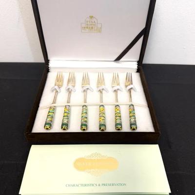 PISA Silver Cloisonné Appetizer Fork Set with Box & Literature (6)