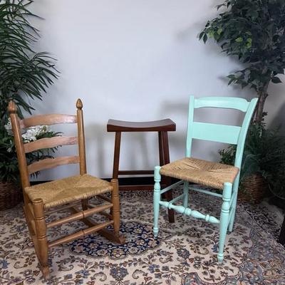 Mixed Vintage Seating Group with Woven Rush Chairs & Solid Wood Stool 