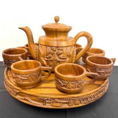 Hand Carved Wood Tea Set 