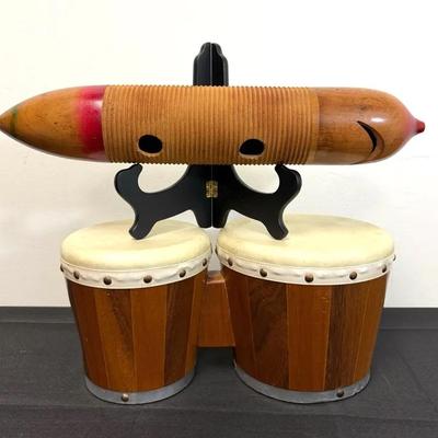 Vintage Mexican Folk Art Percussion Set – Instro Bongo Drums & Carved Wood Guiro