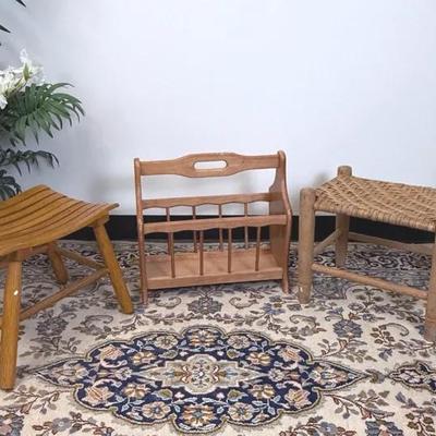 Small Accent Furniture Lot | Wooden Stool, Magazine Rack & Woven Seat Bench