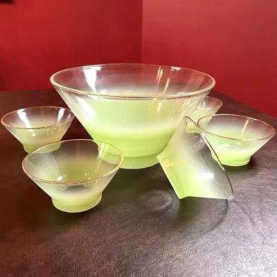 Vintage Virginia Blendo Glass/7p Set/ Frosted Lime Green/Gold Rim/MCM 