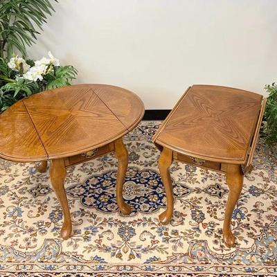 Pair of Vintage Drop-Leaf Accent Tables with Drawers – Traditional Queen Anne Style 