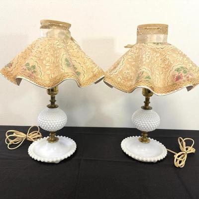 Pair of Vintage Hobnail Milk Glass Table Lamps with Lace Fabric Shades
