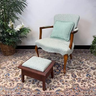 Vintage Upholstered Armchair with Matching Footstool & Accent Pillow 