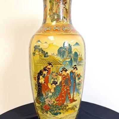 Large Asian-Style Decorative Floor Vase with Figural Scenes and Gilt Detail