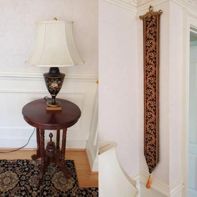 Nightstand, Lamp & Hanging Tapestry