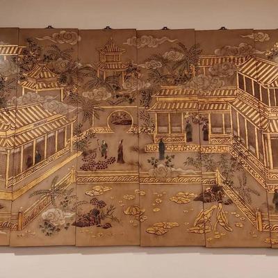 Large Gold Painted Asian Panel Art (80 x 48)