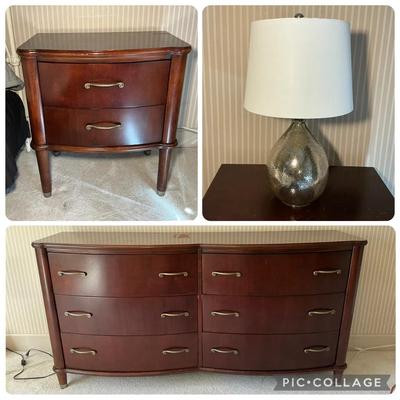 Dark Finish Wood 6-Drawer Dresser, Nightstand, & Mercury Glass Lamp