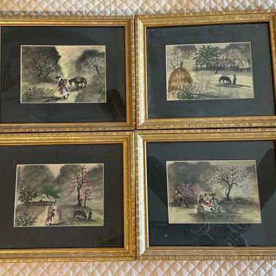 Vietnamese Watercolors in Gold Wood Frames 9.5"h x 11.5"w