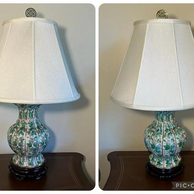  Chinese Porcelain Floral Table Lamps with Fabric Shades 30"h