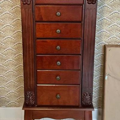 Cherry Finish Column Arm Standing Jewelry Chest