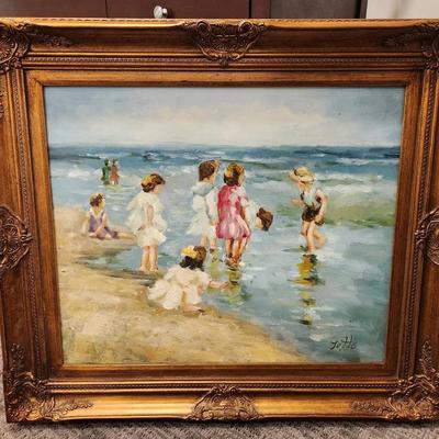Signed Beach Scene Painting (31.5 x 27)