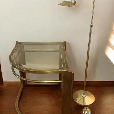 Art Deco Glass Top Brass End Table + Lamp 