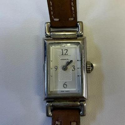 Ladies Silver Tone Coach Square Face Watch With Leather Band 