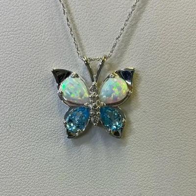 10kt White Gold Opal And Diamond Butterfly Necklace 