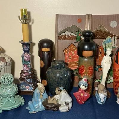 Asian Decor incl. Kokeshi Dolls, Ginger Jars, Porcelain Figures, Lamp, & More