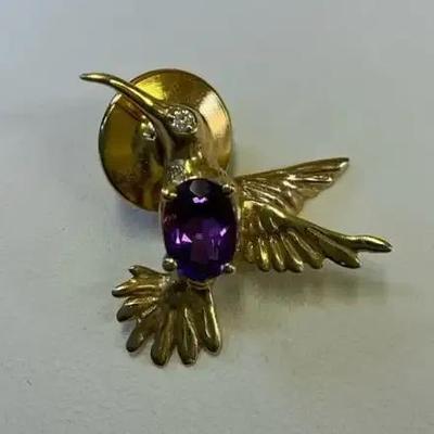 14kt Gold Amethyst Hummingbird Pin 