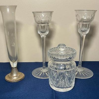 Marquis by Waterford Candlesticks, Weighted Sterling Glass Vase, Crystal Sugar Dish