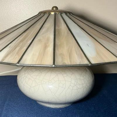 Bulbous Ceramic Lamp With Slag Glass Shade