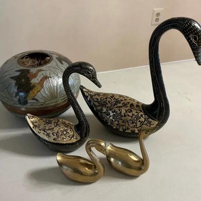 Brass And Embellished Swans With Vase