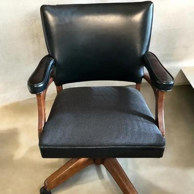 Black Leather & Cloth Wood Frame Desk Chair
