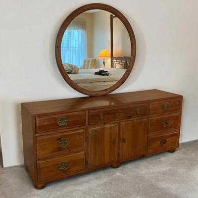 Henredon Rustic Knotty Pine Low Dresser with Round Mirror