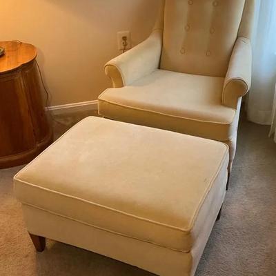 Pale Yellow Velour Chair with Ottoman