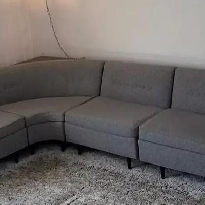 Mid-Century Modern L-Shaped Sectional Sofa with Matching Console Table, Gray Upholstery