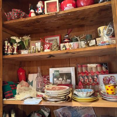 vintage Christmas items: dish ware and glass ornaments 