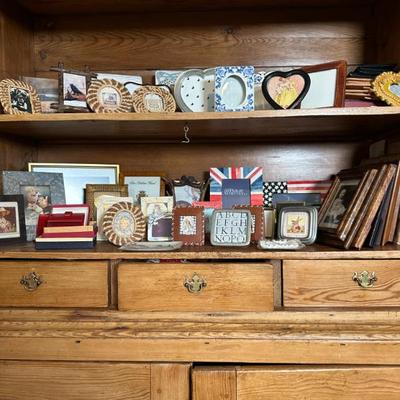 frames: leather, wood and blue and white 