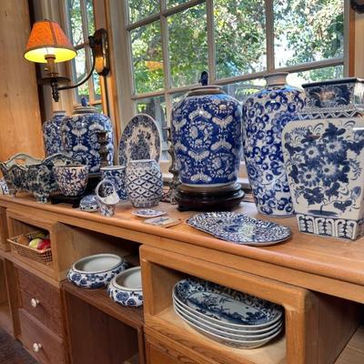 blue and white porcelain in various shapes and sizes 