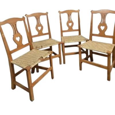 Four Wooden Chairs w/ Wicker Seats & Heart Cutout 