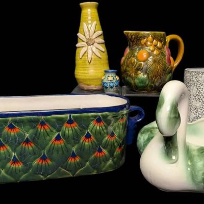 Colorful Pottery Vases, Swan Planter By Coronet And More