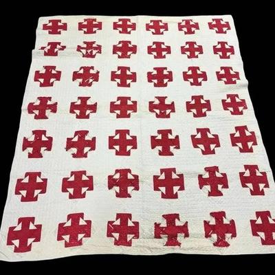 Vintage Hand Stitched Red And White Quilt