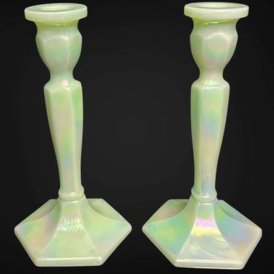 Fenton Green Iridescent Jadeite Candlesticks