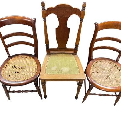 Three Vintage Wooden Chairs w/ Rattan Seats