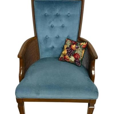 Blue Velour Cane High back Chair W/ Needlepoint Pillow