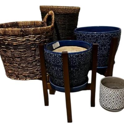 Assorted flower pots and stands