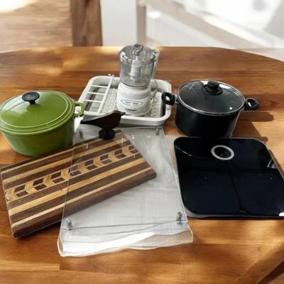 Assorted Kitchen Supplies, Dutch Oven, Cutting Board (16.5x10), Kitchen Timer, Fitbit Scale