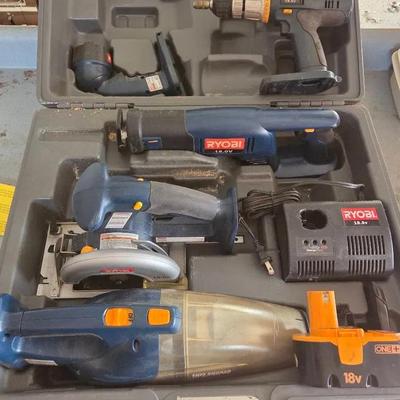 Ryobi 18v Tool Set, Drill, Reciprocating Saw, Circular Saw, Flashlight, Battery And Charger With Cas