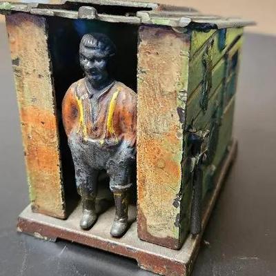 Antique J.E. Stevens Cast Iron Cabin Bank, Black Americana