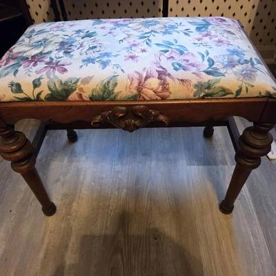 Floral Pattern Bench With Wood Frame And Legs