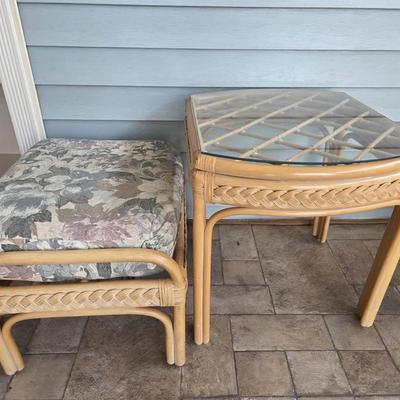 Vintage Rattan Table & Foot Stool