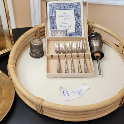 Silver Plated Items And Gold Color Trimmed Items, Bamboo Serving Tray 