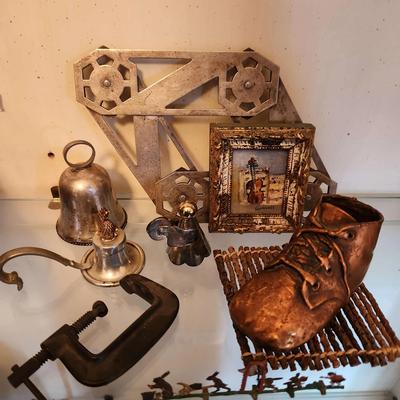 Silver Plated Items, Smoke Snuffer, Brass Colored Baby Shoe, Antique Clamp Tool