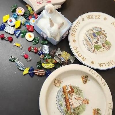 Blown Glass Candy Pieces, Vintage Baby Plates, Nao Lladro Bunnies