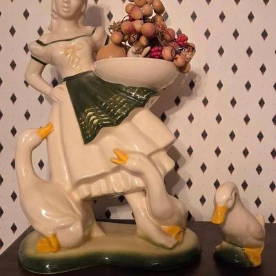 Big Vintage Haeger Pottery "Peasant Girl" And Side Duck